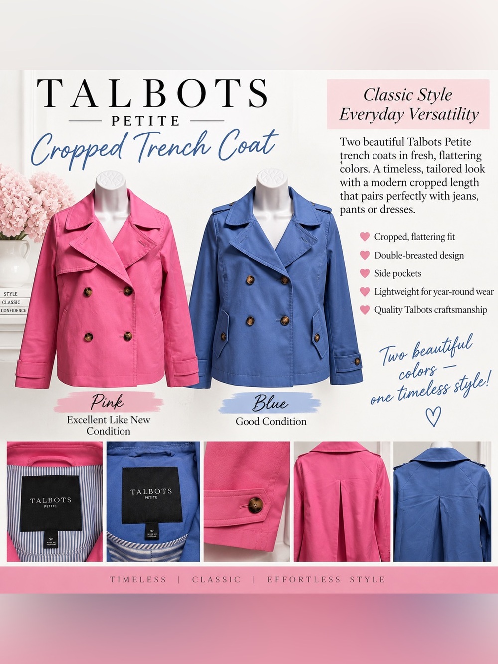 Talbots Pink & Blue Petite Cropped Trench Coat Duo